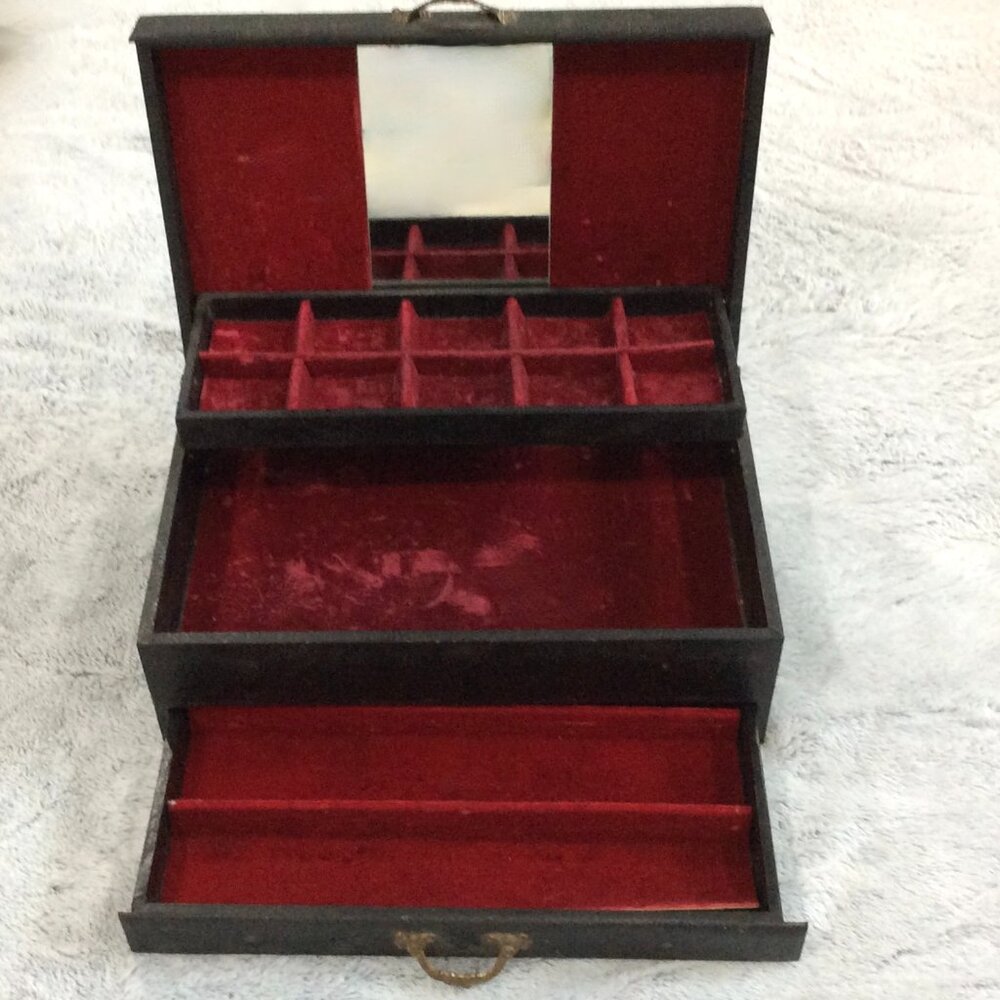 Antique Leather & Wood Victorian Jewelry Box w/Pull-Out Drawer & Mirror - Picture 1 of 11